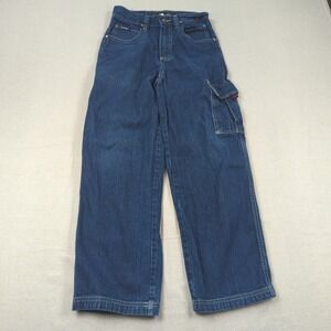 Fubu Jeans Womens 14 Blue Cargo Wide Leg Baggy Skater Embroidered